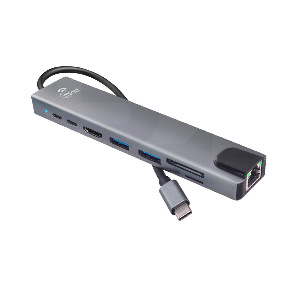 Hub USB-C 8 en 1 a RJ45 + HDMI + SD/TF CARD + PD100W + USBC2.0 + 1USB3.0 + 1USB2.0